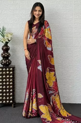 Maroon color azarakh printed with all over mirror work on premium satin saree