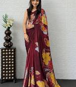 Maroon color azarakh printed with all over mirror work on premium satin saree
