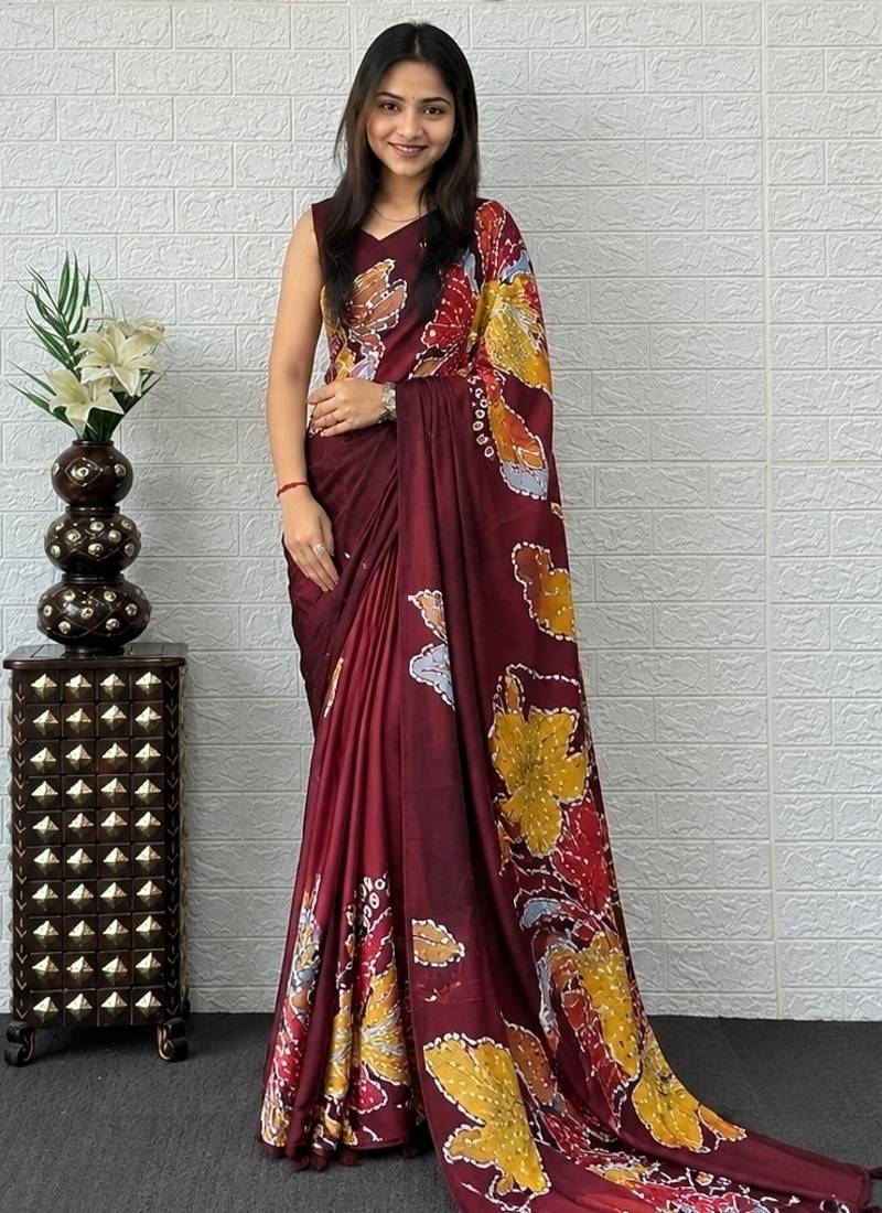 Maroon color azarakh printed with all over mirror work on premium satin saree