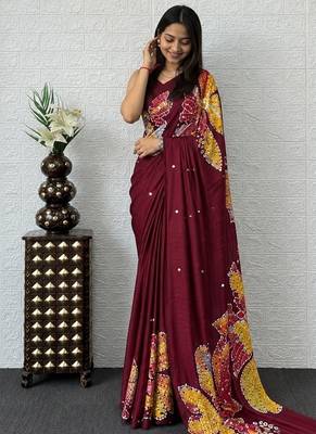 Maroon color azarakh printed with all over mirror work on premium satin saree 2