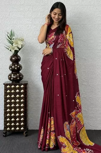 Maroon color azarakh printed with all over mirror work on premium satin saree