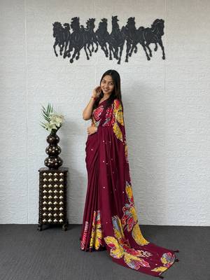 Maroon color azarakh printed with all over mirror work on premium satin saree 3
