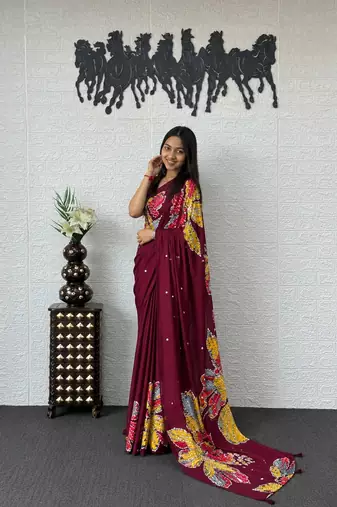 Maroon color azarakh printed with all over mirror work on premium satin saree