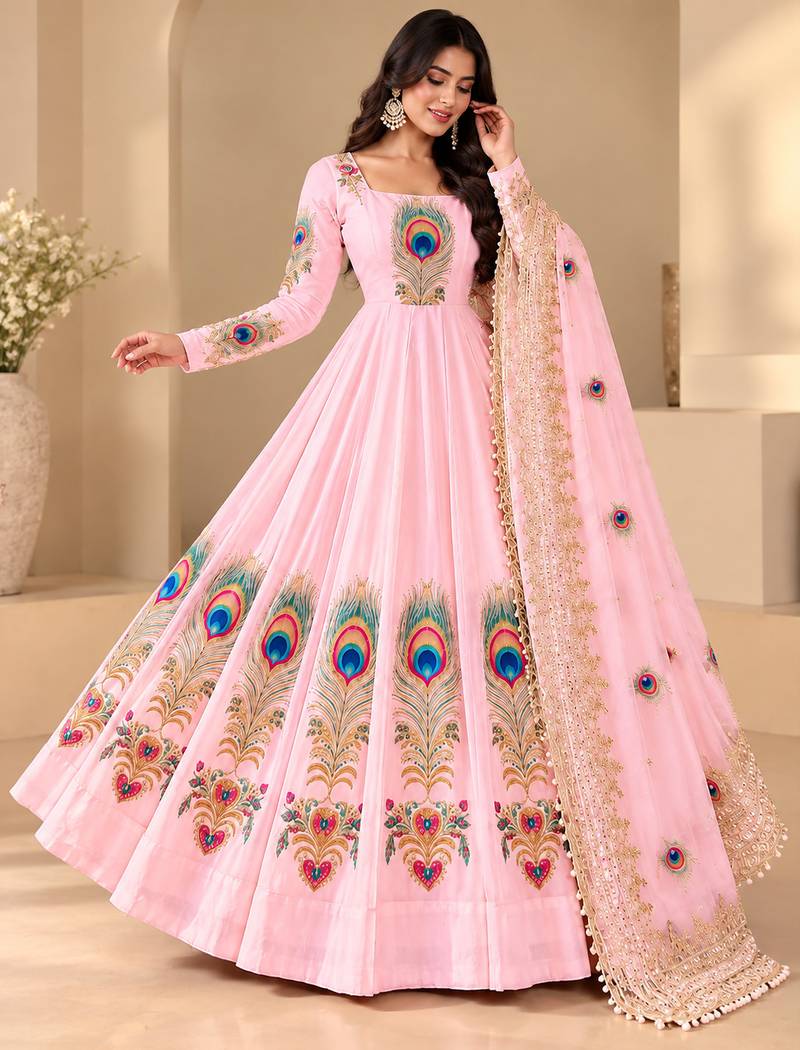 Pink  designer party wear gown pant & dupatta set