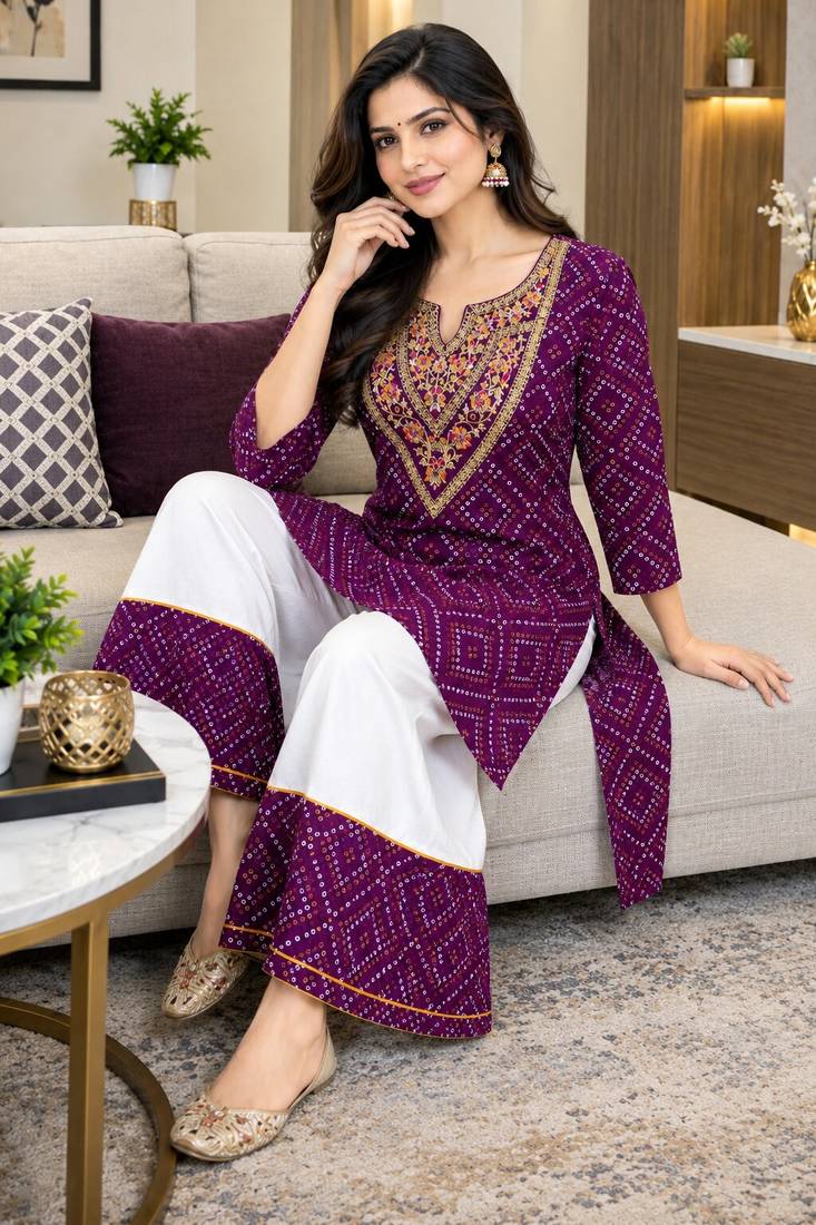 Traditional indian wear rayon fabric bandhani printed embroidery work kurta with palazzo