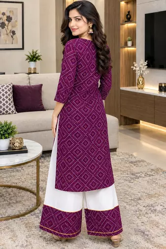 Traditional indian wear rayon fabric bandhani printed embroidery work kurta with palazzo
