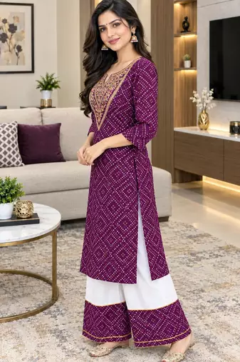 Traditional indian wear rayon fabric bandhani printed embroidery work kurta with palazzo