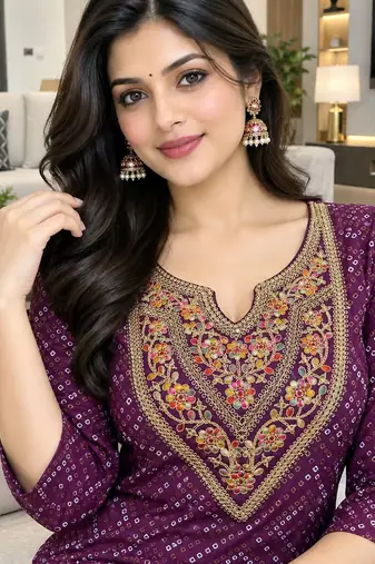 Traditional indian wear rayon fabric bandhani printed embroidery work kurta with palazzo