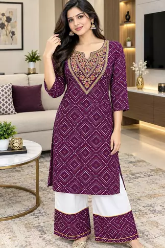 Traditional indian wear rayon fabric bandhani printed embroidery work kurta with palazzo