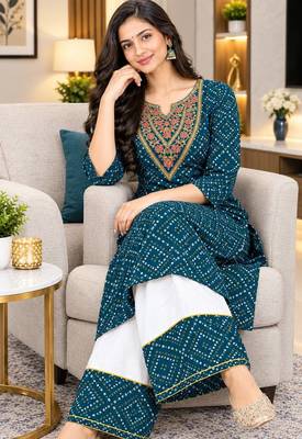 Traditional indian wear rayon fabric bandhani printed embroidery work kurta with palazzo 1