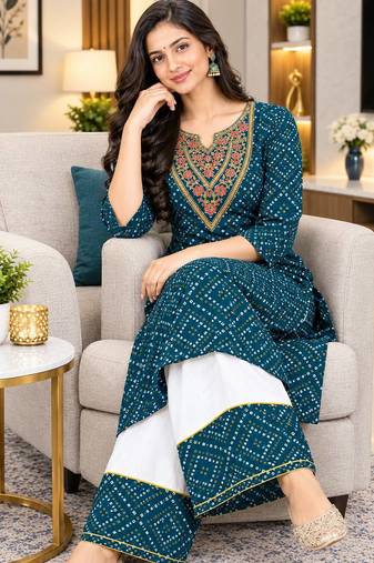 Traditional indian wear rayon fabric bandhani printed embroidery work kurta with palazzo