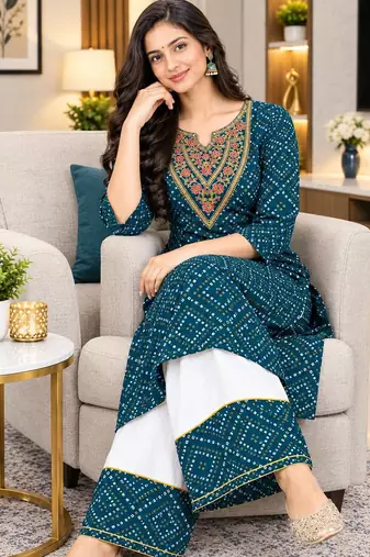 Traditional indian wear rayon fabric bandhani printed embroidery work kurta with palazzo