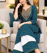 Traditional indian wear rayon fabric bandhani printed embroidery work kurta with palazzo