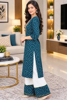 Traditional indian wear rayon fabric bandhani printed embroidery work kurta with palazzo 2