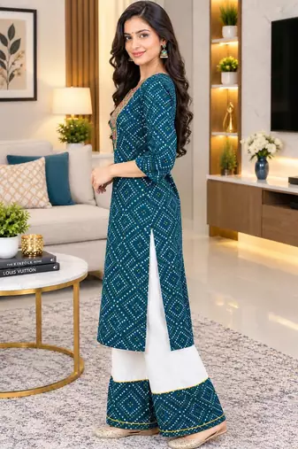 Traditional indian wear rayon fabric bandhani printed embroidery work kurta with palazzo
