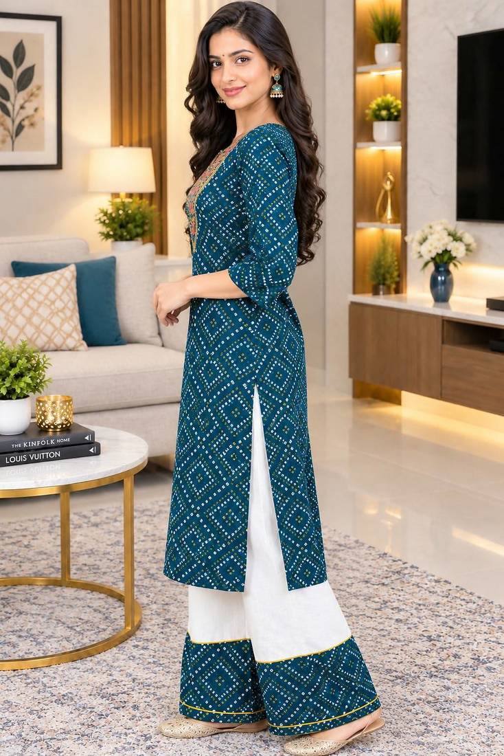 Traditional indian wear rayon fabric bandhani printed embroidery work kurta with palazzo
