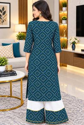 Traditional indian wear rayon fabric bandhani printed embroidery work kurta with palazzo 3