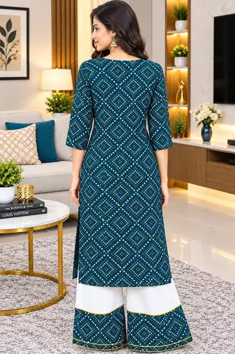 Traditional indian wear rayon fabric bandhani printed embroidery work kurta with palazzo