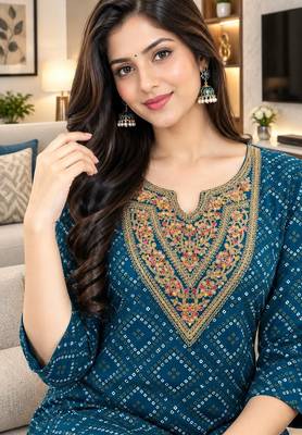 Traditional indian wear rayon fabric bandhani printed embroidery work kurta with palazzo 4