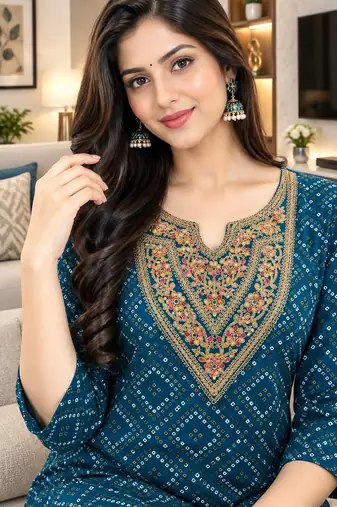 Traditional indian wear rayon fabric bandhani printed embroidery work kurta with palazzo