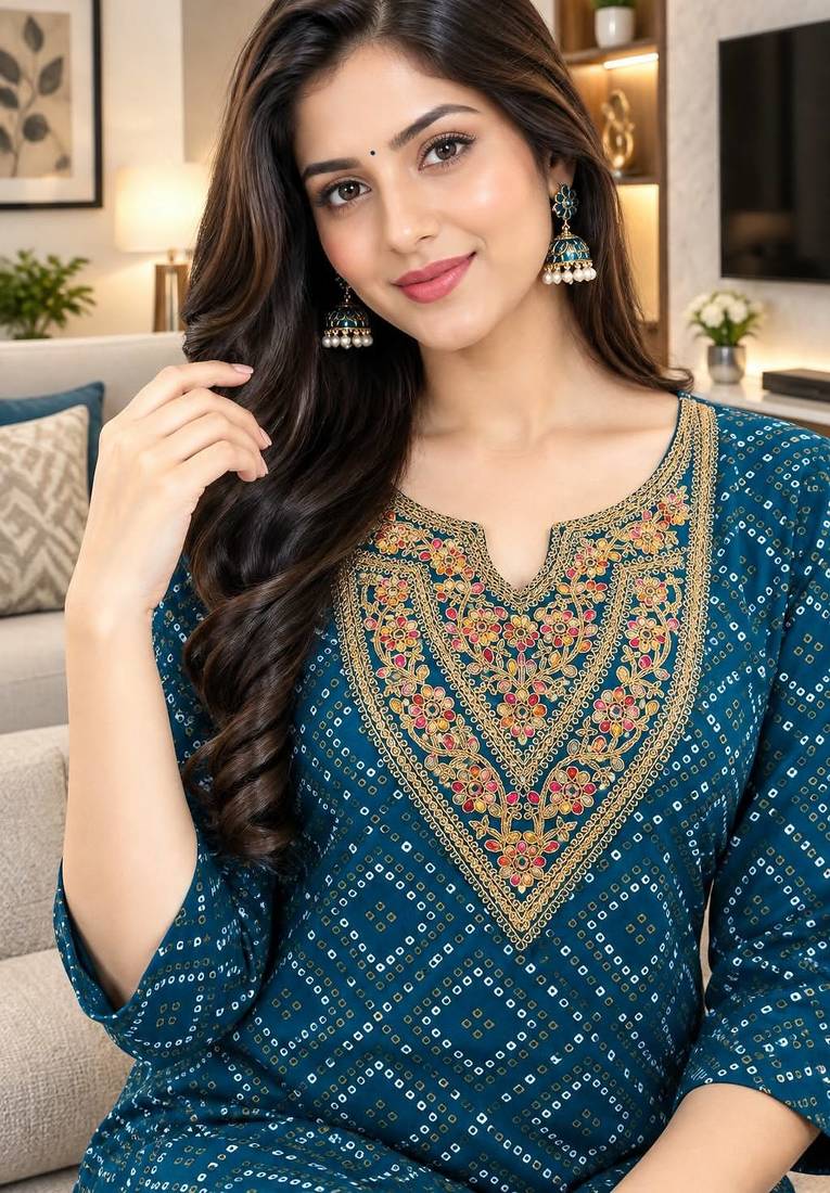 Traditional indian wear rayon fabric bandhani printed embroidery work kurta with palazzo