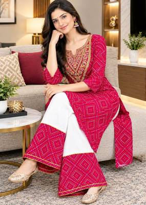 Traditional indian wear rayon fabric bandhani printed embroidery work kurta with palazzo 1