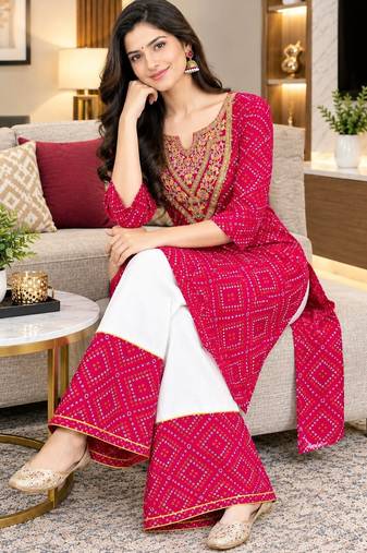 Traditional indian wear rayon fabric bandhani printed embroidery work kurta with palazzo