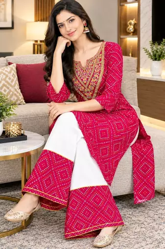 Traditional indian wear rayon fabric bandhani printed embroidery work kurta with palazzo