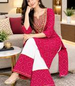 Traditional indian wear rayon fabric bandhani printed embroidery work kurta with palazzo