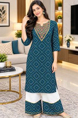 Traditional indian wear rayon fabric bandhani printed embroidery work kurta with palazzo 5