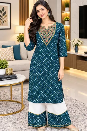 Traditional indian wear rayon fabric bandhani printed embroidery work kurta with palazzo