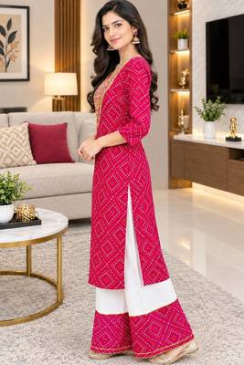 Traditional indian wear rayon fabric bandhani printed embroidery work kurta with palazzo 2
