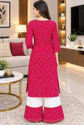 Traditional indian wear rayon fabric bandhani printed embroidery work kurta with palazzo 3