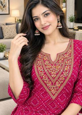 Traditional indian wear rayon fabric bandhani printed embroidery work kurta with palazzo 4