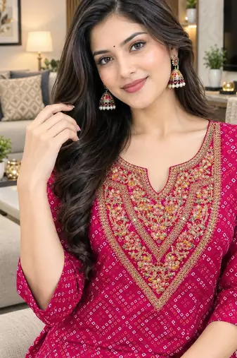 Traditional indian wear rayon fabric bandhani printed embroidery work kurta with palazzo