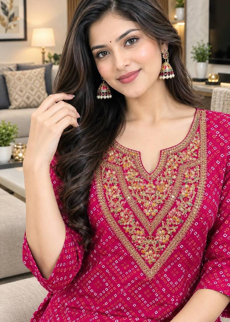 Traditional indian wear rayon fabric bandhani printed embroidery work kurta with palazzo