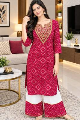 Traditional indian wear rayon fabric bandhani printed embroidery work kurta with palazzo 5