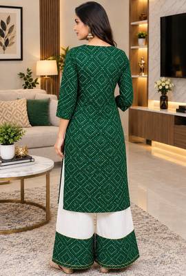 Traditional indian wear rayon fabric bandhani printed embroidery work kurta with palazzo 2