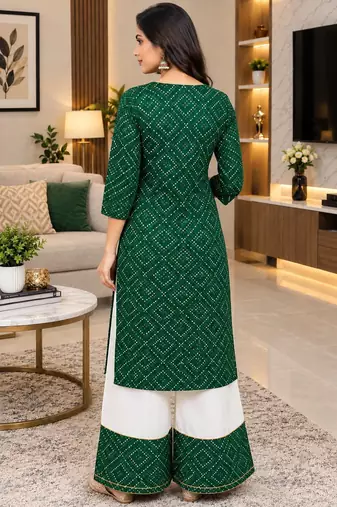 Traditional indian wear rayon fabric bandhani printed embroidery work kurta with palazzo
