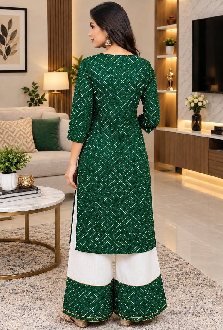 Traditional indian wear rayon fabric bandhani printed embroidery work kurta with palazzo
