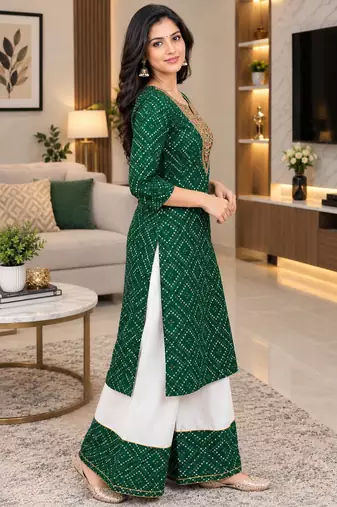 Traditional indian wear rayon fabric bandhani printed embroidery work kurta with palazzo