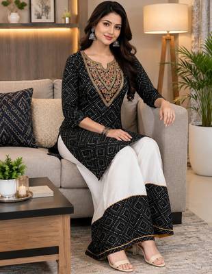 Traditional indian wear rayon fabric bandhani printed embroidery work kurta with palazzo 1