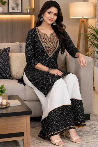 Traditional indian wear rayon fabric bandhani printed embroidery work kurta with palazzo