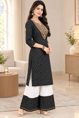 Traditional indian wear rayon fabric bandhani printed embroidery work kurta with palazzo 2