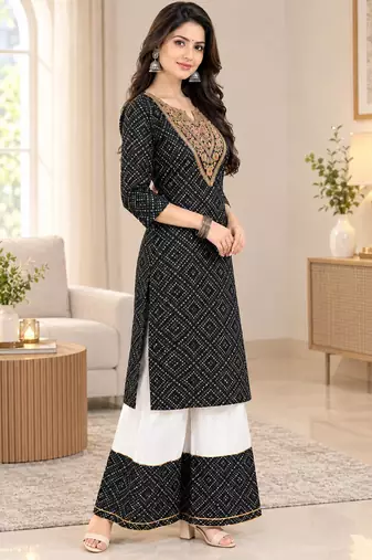 Traditional indian wear rayon fabric bandhani printed embroidery work kurta with palazzo