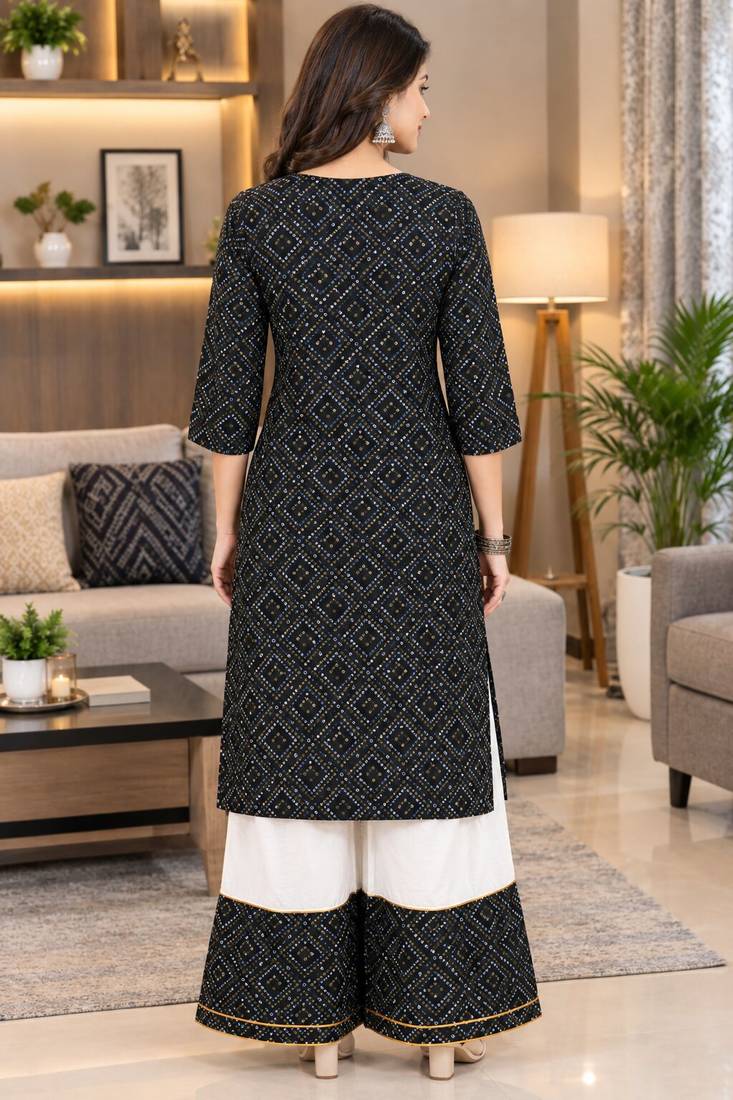 Traditional indian wear rayon fabric bandhani printed embroidery work kurta with palazzo