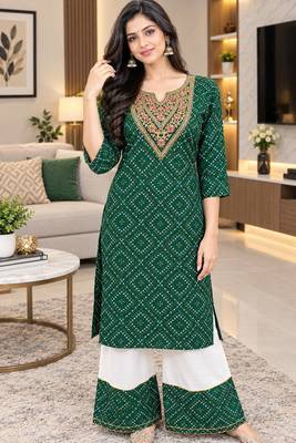 Traditional indian wear rayon fabric bandhani printed embroidery work kurta with palazzo 5