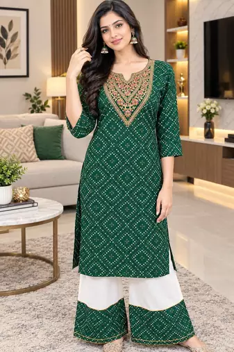 Traditional indian wear rayon fabric bandhani printed embroidery work kurta with palazzo