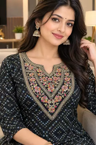 Traditional indian wear rayon fabric bandhani printed embroidery work kurta with palazzo
