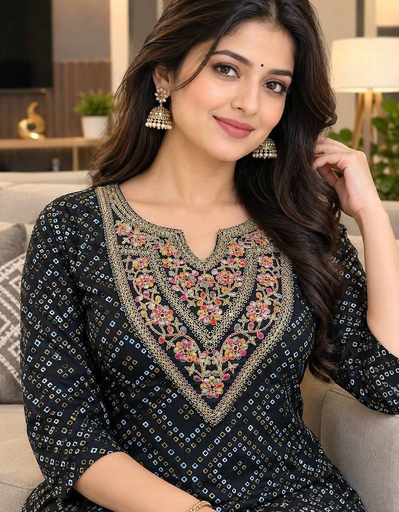 Traditional indian wear rayon fabric bandhani printed embroidery work kurta with palazzo